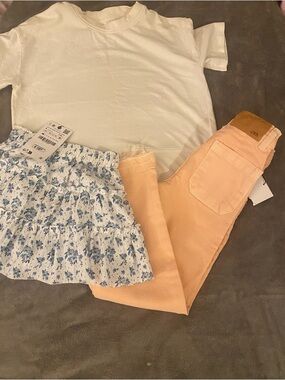 Zara White Tee, Peach Pants & Blue Floral Skirt